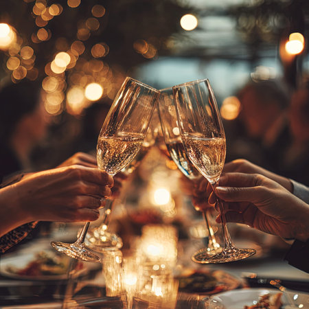 Close-up of hands clinking glasses of champagne at festive tableの写真素材