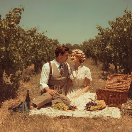 Wedding couple in the vineyard. Retro style toned picture