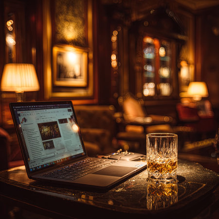 Laptop and a glass of whiskey on the table in a pubの写真素材