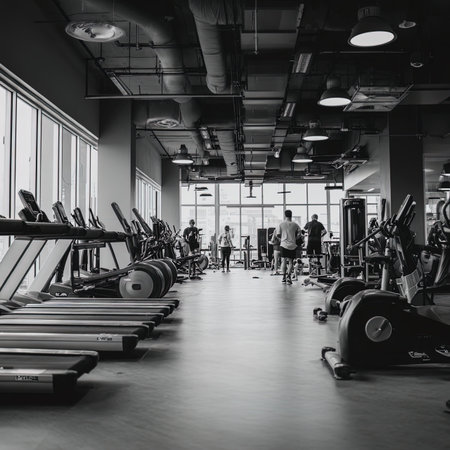 Interior of a modern fitness hall with row of treadmillsの写真素材