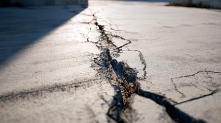 Cracks in the asphalt. The cracks in the asphalt. Broken asphalt.の写真素材