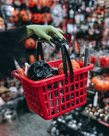Halloween shopping in the supermarket. Close-up of a woman's hand in a green glove holding a shopping basket.の写真素材