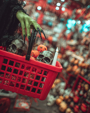 Halloween holiday concept. Scary skull in a red shopping basketの写真素材