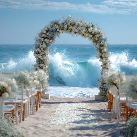 Wedding arch with flowers on the beach. Wedding ceremony.の写真素材