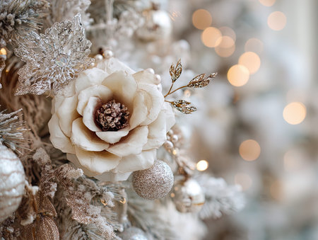Beautiful white artificial flower on the Christmas tree with bokeh backgroundの写真素材
