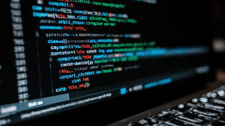 Programming code on computer monitor. Programmer working on a laptop.