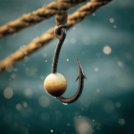 Fishing hook and rope with water drops on it. Toned.