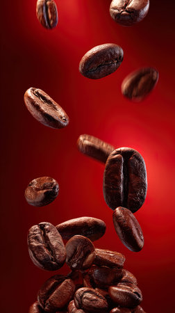 Coffee beans falling on a red background with copy space.の写真素材