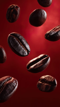Coffee beans levitate on a red background. Close-up.の写真素材
