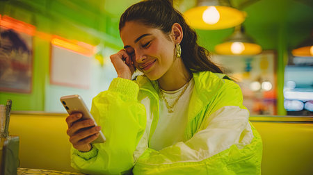 Young woman using mobile phone in cafe. Beautiful girl in yellow jacket and earphones.の写真素材