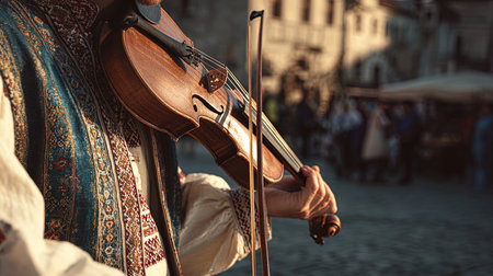 The violinist on the street in the old town of Lvivの写真素材
