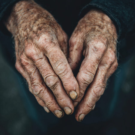 Closeup of hands of an old man with a wrinkled skin.の写真素材