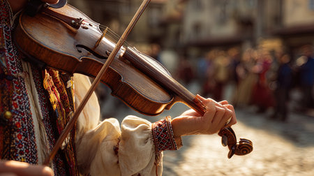violinist playing the violin on the street, close-upの写真素材