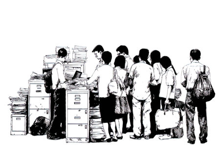 illustration of many people standing in line in front of the officeの写真素材