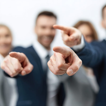 business, gesture and office concept - close up of male hands pointing to somethingの写真素材