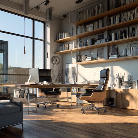 Contemporary office interior with furniture and wooden floor. 3d renderの写真素材