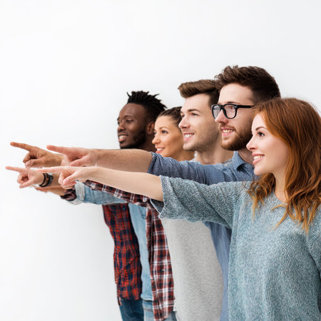 multiethnic group of young students pointing at blank copyspaceの写真素材