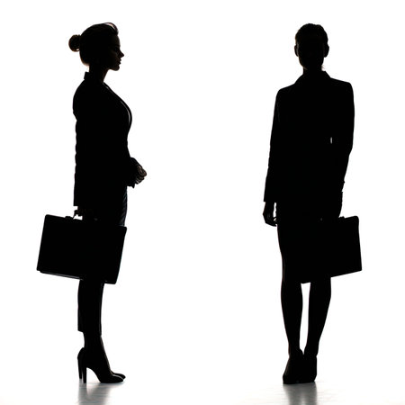 Silhouette of two business women standing back to back with briefcaseの写真素材