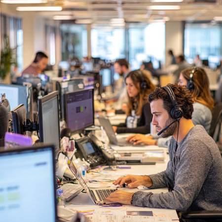 Young people working in a call center office, using computer and headset