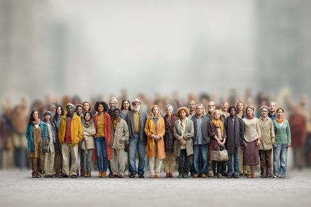 Group of people standing in a row and looking at camera. Selective focus.の写真素材