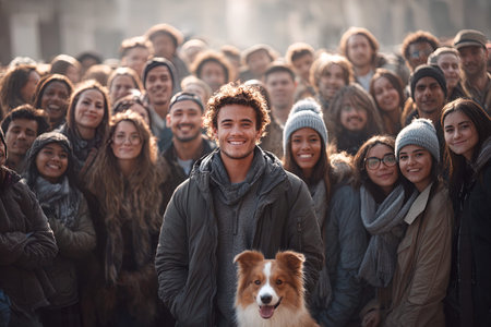 Portrait of a group of people with a dog in the cityの写真素材