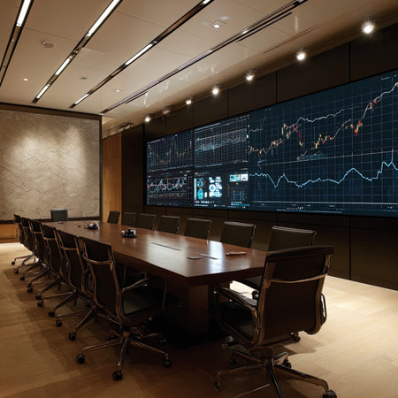 Interior of modern conference room with financial chart on screen. 3D rendering