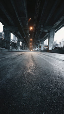 Empty asphalt road in the city at night. Perspective view. Long exposure.の写真素材