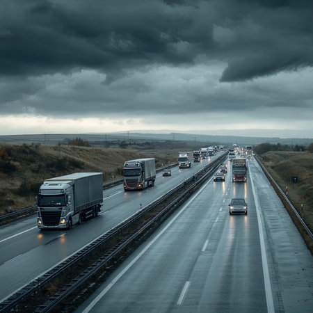 Trucks on the highway with dramatic stormy sky in the backgroundの写真素材