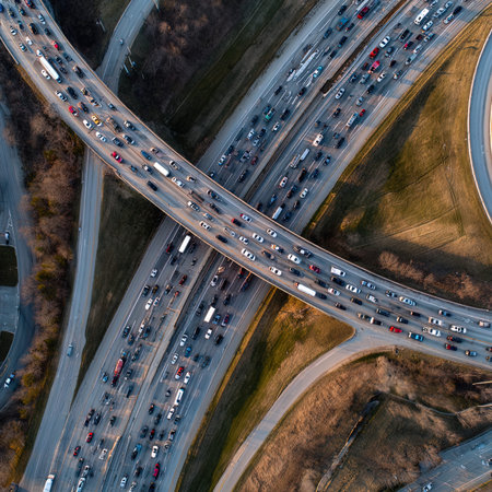Aerial view of highway. Top view of the road with cars.の写真素材