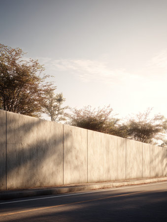 white concrete wall and shadow of tree on the road at sunset.の写真素材