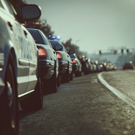 Traffic jam with row of cars on a highway in the eveningの写真素材