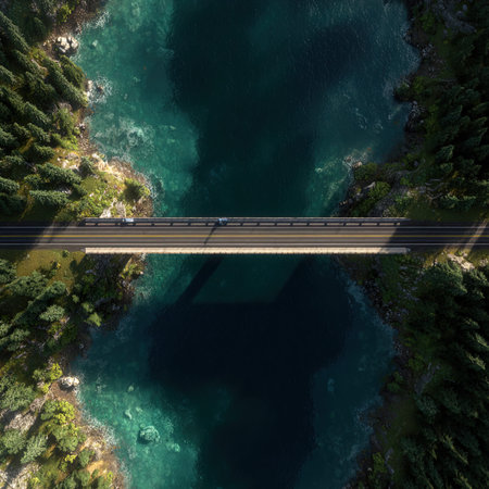 Aerial view of a bridge over the mountain lake. Top view.の写真素材
