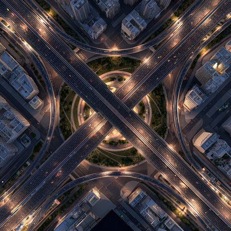 Aerial view of the city crossroads and roads at night. Urban landscape.の写真素材