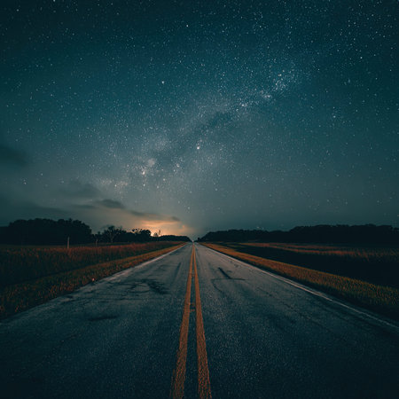 Milky Way over the road in the field. Long exposure photograph.の写真素材