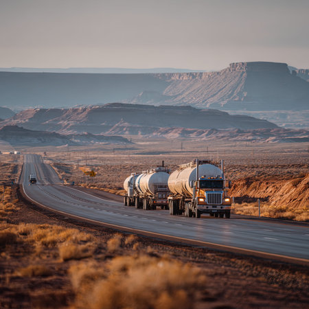 Tanker truck driving on highway in Canyonlands National Park, Utah, USAの写真素材