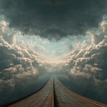 Aerial view of bridge in the clouds. 3D Rendering
