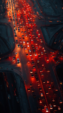 Aerial view of traffic jam on the road at night in Shanghai, Chinaの写真素材
