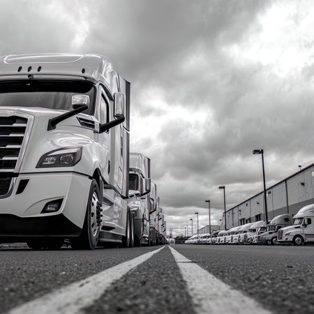 Trucks in the parking lot with dramatic sky. Black and white.の写真素材
