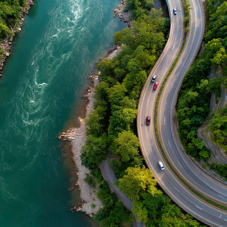Aerial view of winding road in the mountains with cars passing byの写真素材