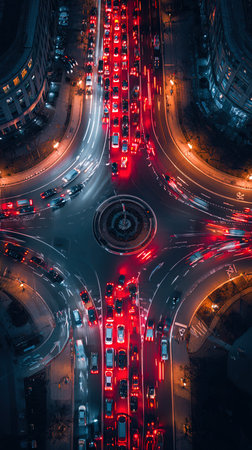 Aerial view of traffic on the road in the city at nightの写真素材