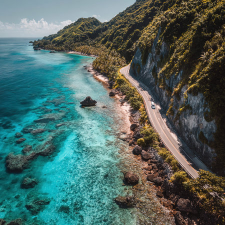 Aerial view of beautiful beach and sea with coconut palm tree in paradise islandの写真素材