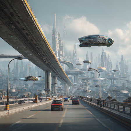 Aerial view of modern city with high-rise buildings and traffic.の写真素材