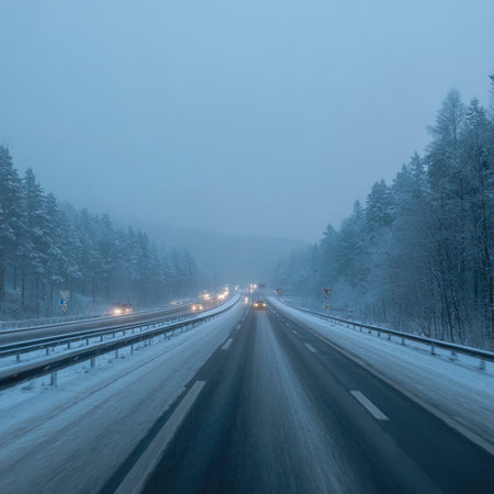 Highway in the winter forest with snow and fog on the roadの写真素材