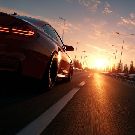 car on the road at sunset. 3d render image with clipping pathの写真素材
