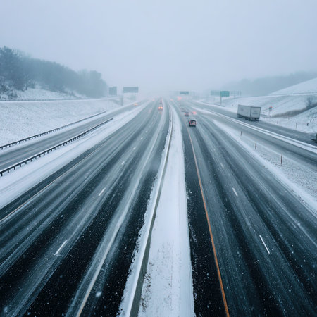 Traffic on the highway in the winter. Winter road in the snow.の写真素材