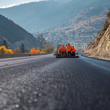 Asphalt road in the mountains with a group of workers, workersの写真素材