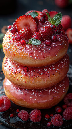 Stack of delicious homemade pancakes with fresh berries and icing sugar, squareの写真素材