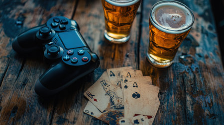 Gamepad and two glasses of beer with playing cards on wooden table
