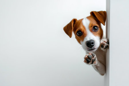 Jack russell terrier dog peeking out from behind the wallの写真素材