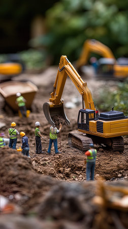Miniature construction workers and excavator working on construction site. Construction concept.の写真素材